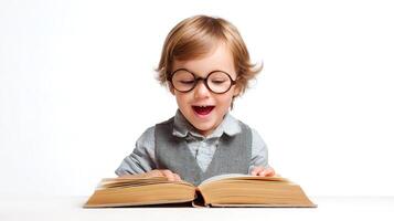A young boy wearing glasses is reading a book photo