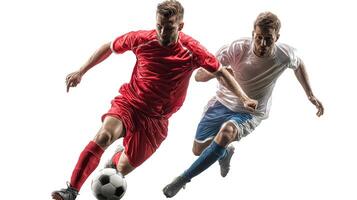 Two men in soccer uniforms are running after a soccer ball photo
