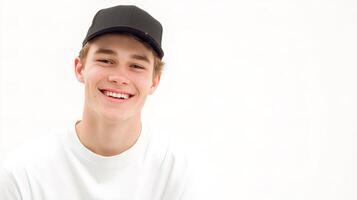 A young man wearing a hat and smiling photo