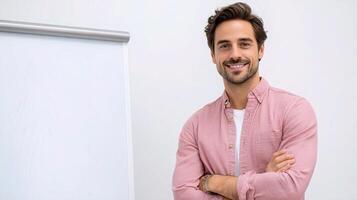 A man is standing in front of a whiteboard photo