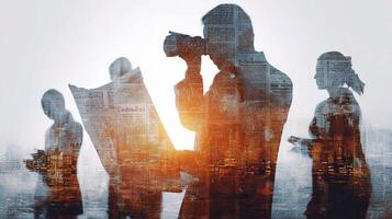 Silhouettes of people looking at a newspaper photo