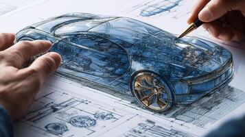 A person is drawing a car on a blueprint photo