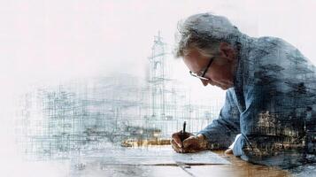 A man is writing on a piece of paper photo