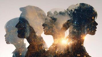 Double exposure of people with a cityscape in the background photo