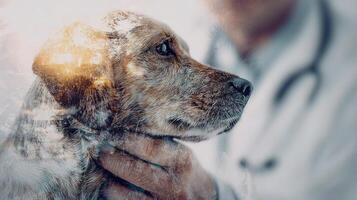 A dog is being held by a doctor photo