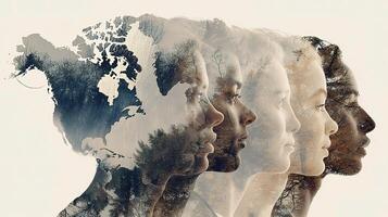 The faces of four people are shown in a double exposure photo