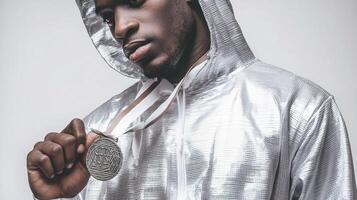 A man in a silver jacket holding a medal photo
