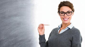 A woman in glasses is pointing at a chalkboard photo