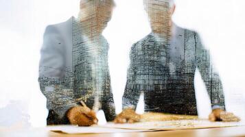 Two men in suits standing over a table with a building in the background photo