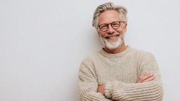 A man with glasses and a sweater standing in front of a white wall photo