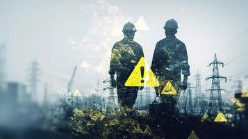 Two men in hard hats standing in front of a power line photo