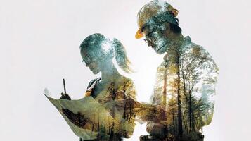 Double exposure of two people looking at a map photo