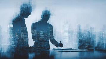 Two people in suits standing over a table with a city in the background photo