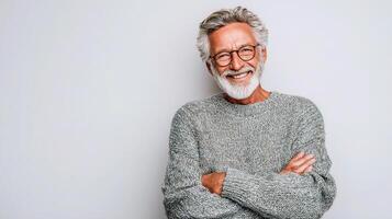 A man with a beard and glasses standing in front of a gray background photo