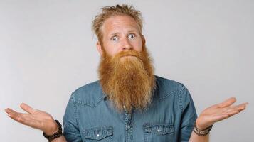 A man with a long beard and a blue shirt photo