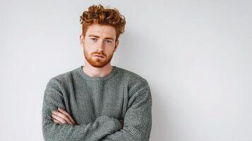 A man with red hair and a beard is standing with his arms crossed photo