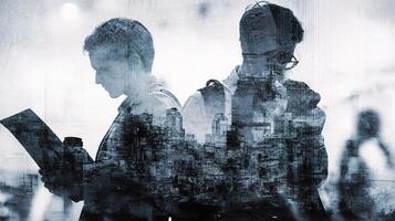 Two people are standing in front of a city photo