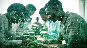 People working on computers in a room with a green background photo