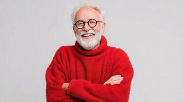 An old man in a red sweater and glasses photo