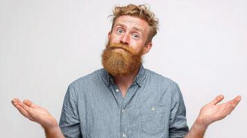 A man with a beard and a shirt is holding his hands up photo
