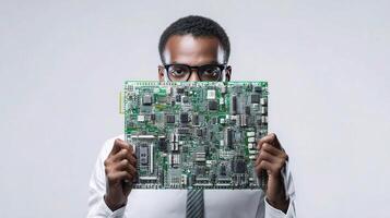 A man in a suit holding up a circuit board photo