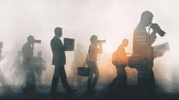 Silhouettes of people walking in a city photo