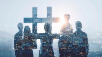 Business people silhouettes in cityscape with hashtag symbol photo