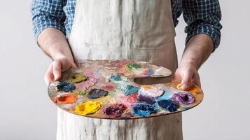 A man holding a palette of paint and brushes photo