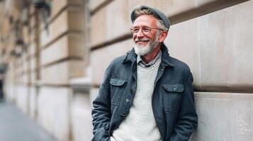 A man with a beard and glasses leaning against a wall photo