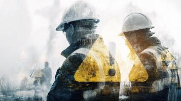 Two men in hard hats standing in front of a yellow and black sign photo