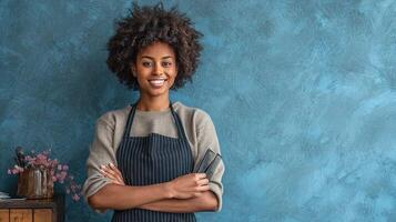 A smiling young woman in an apron standing in front of a blue wall photo