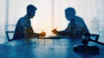 Two people sitting at a table with a gavel photo