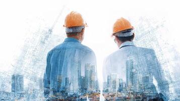 Two men in hard hats standing in front of a cityscape photo
