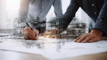 Two people are working on a blueprint of a building photo