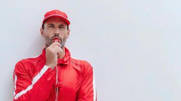 A man in a red jacket and cap is holding his hand to his mouth photo