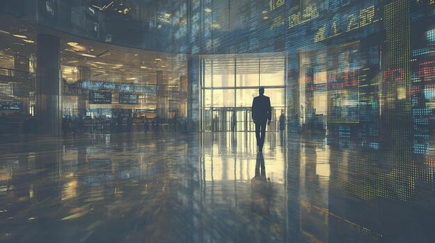 A man walking through an empty building with stock market data photo