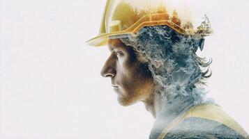 A man wearing a hard hat and a mountain in the background photo