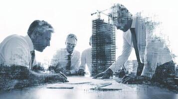 Business people working on a project in front of a building photo