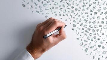 A person is drawing on a white board with many icons photo