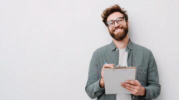A man with glasses and beard holding a clipboard photo