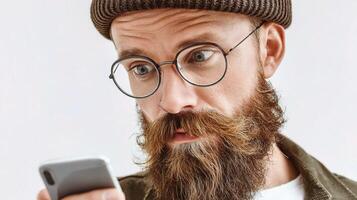 A man with a beard and glasses is looking at his phone photo