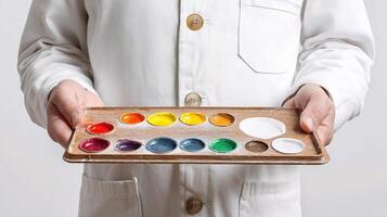 A person in a lab coat holding a tray with paint photo
