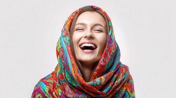 A woman wearing a colorful scarf is smiling photo