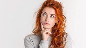 A woman with red hair looking up photo