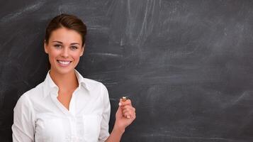 A woman is standing in front of a chalkboard photo