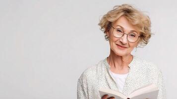 An older woman with glasses reading a book photo