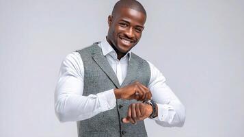 A man in a vest is smiling and looking at his watch photo