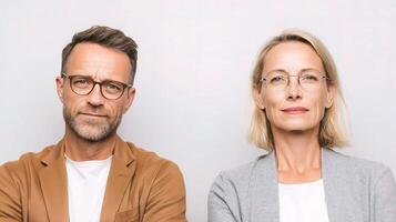 A man and woman with glasses standing in front of a white wall photo