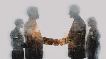 Double exposure of business people shaking hands in front of city skyline photo