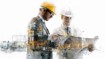 Two men in hard hats looking at a blueprint photo